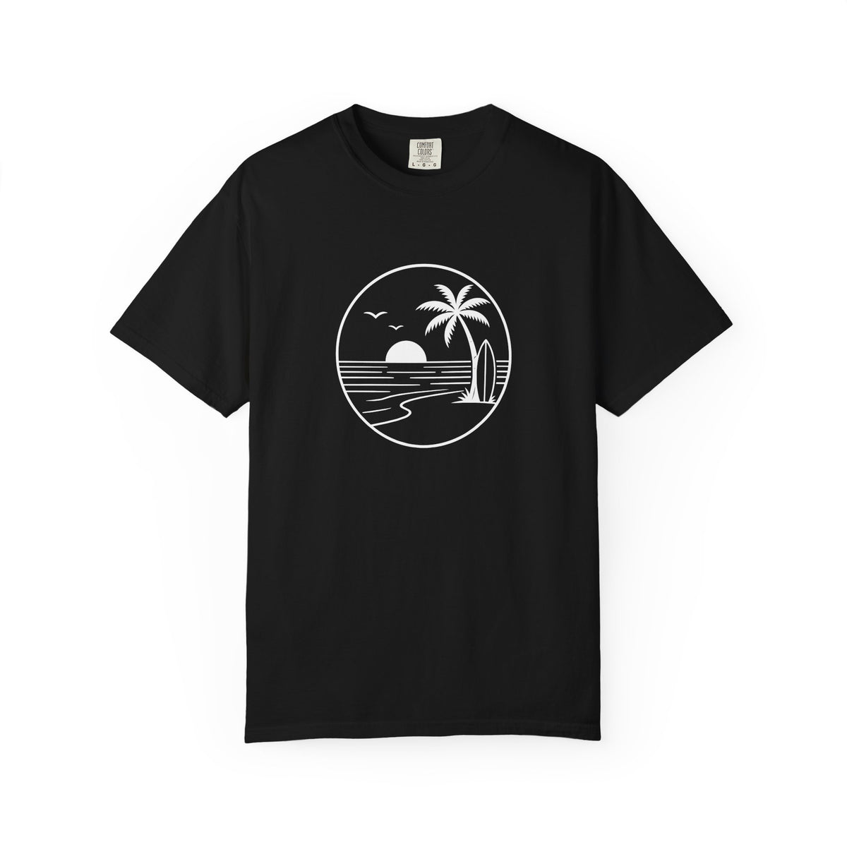 Black T-shirt with a circular coastal illustration with a palm tree, low sun, shoreline, and water printed in white on the front.