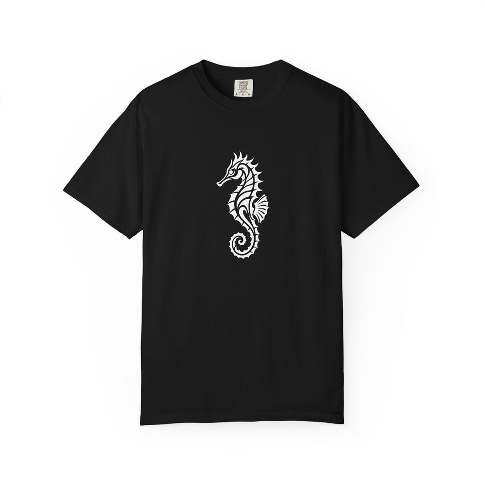 Black T-shirt with an ornamental seahorse with a curled tail printed in white on the front.