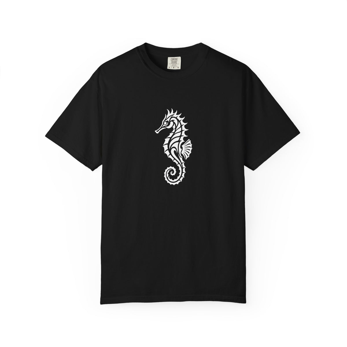 Black T-shirt with an ornamental seahorse with a curled tail printed in white on the front.