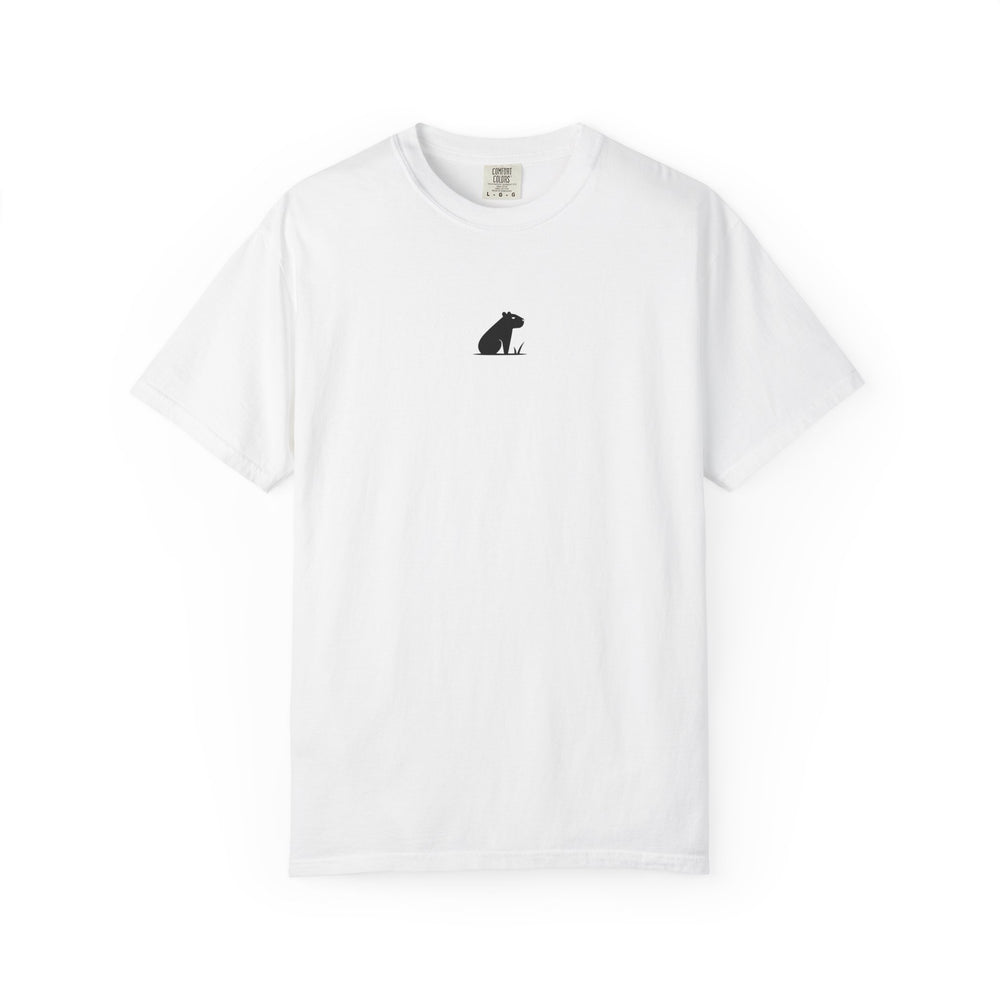 White T-shirt with a seated capybara and a few blades of grass printed in black on the front.