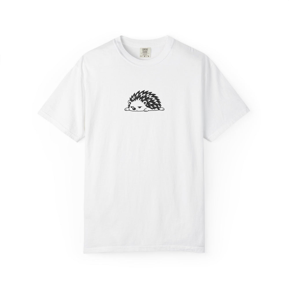 White T-shirt with a reclining hedgehog with half-closed eyes printed in black on the front.
