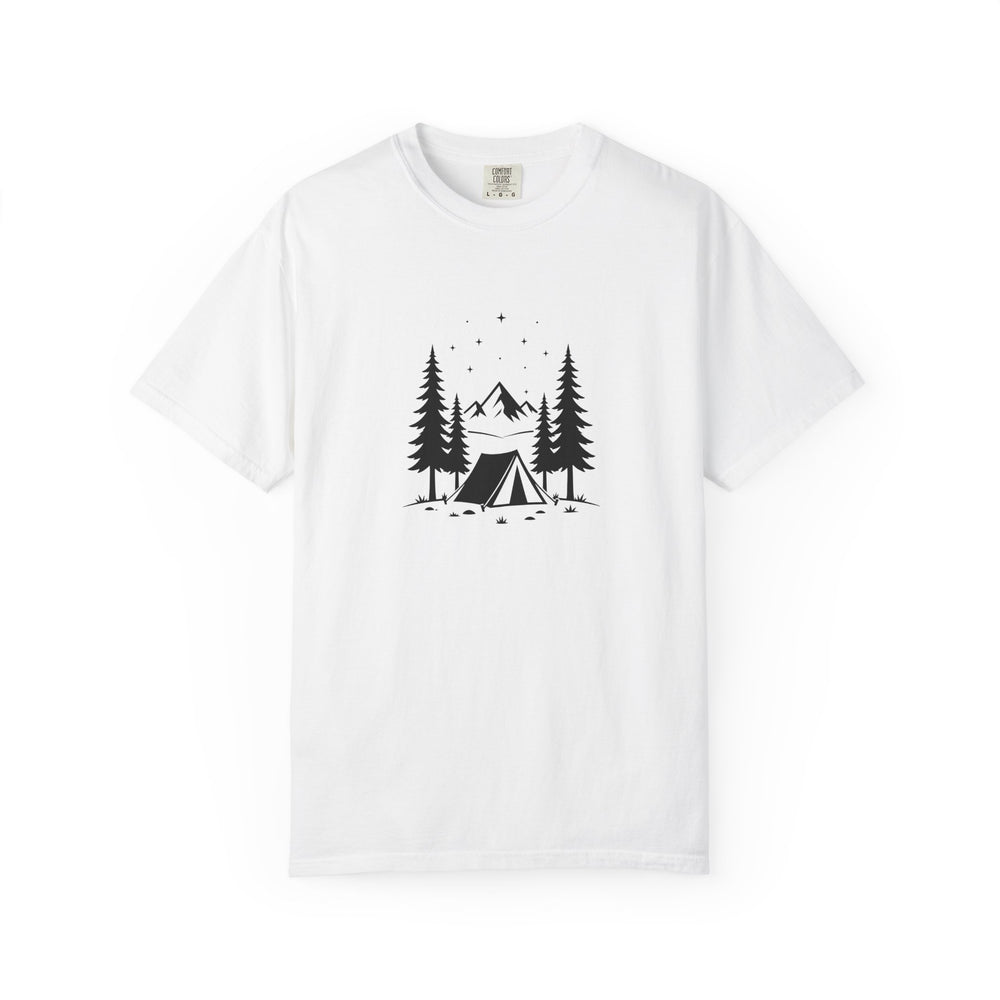 White T-shirt with a tent, conifer trees, mountains, and stars printed in black on the front.
