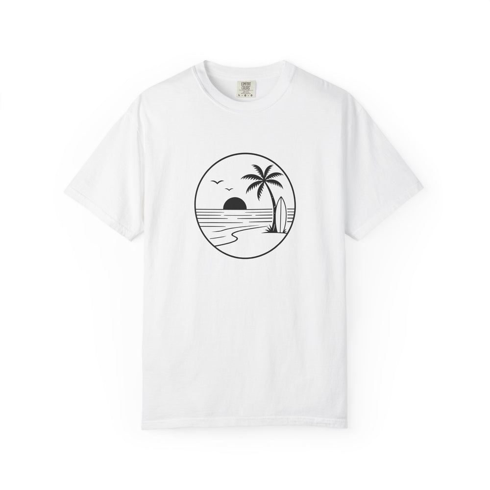 White T-shirt with a circular coastal illustration with a palm tree, low sun, shoreline, and water printed in black on the front.