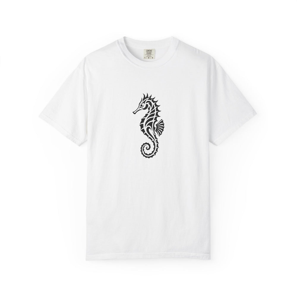 White T-shirt with an ornamental seahorse with a curled tail printed in black on the front.