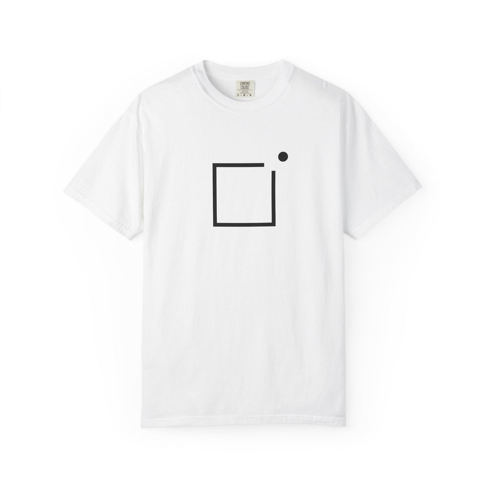 White T-shirt with an open square frame and a small dot above its upper-right corner printed in black on the front.
