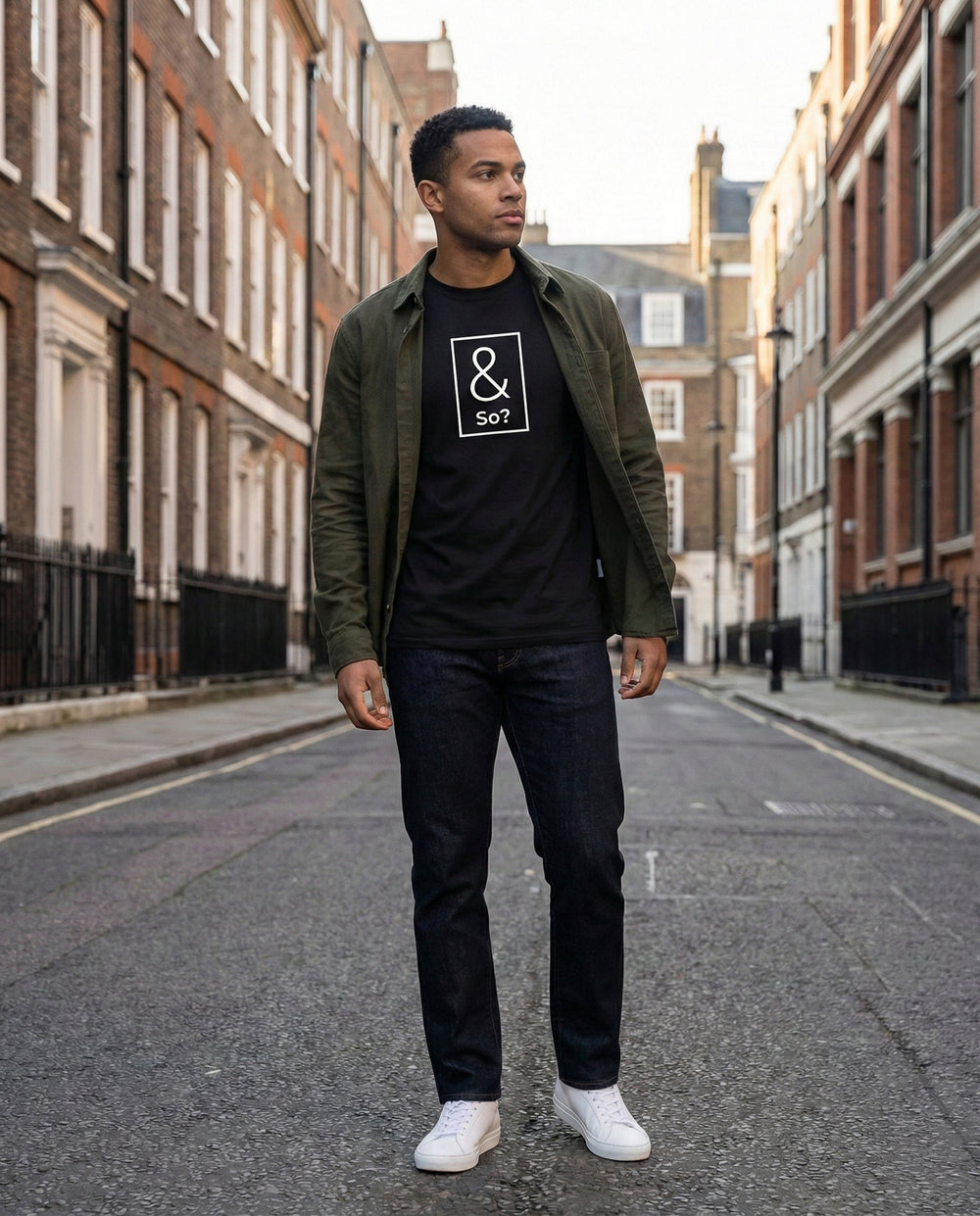 Model wearing the black & So? graphic T-shirt on a city street