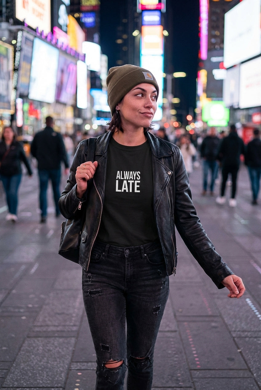Model wearing a Blacksunset T-shirt with the "Always Late" design, lifestyle view 2