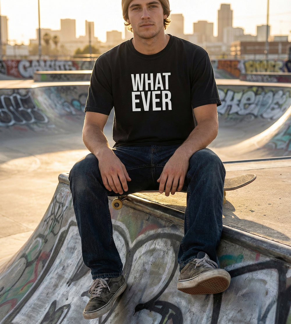 Model wearing a Blacksunset T-shirt with the "Whatever T-Shirt" design, lifestyle view 2